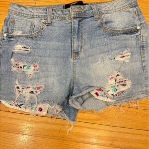 Harper Light Blue Distressed Jean Shorts with patterned pockets